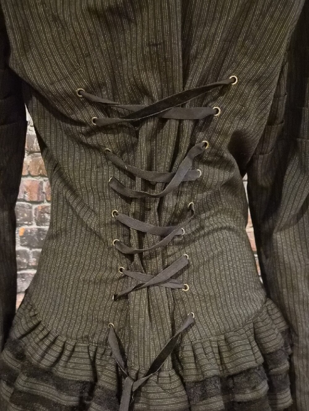Black Steampunk Pinstripe Ruffled Zip Front Jacket - Picture 9 of 10
